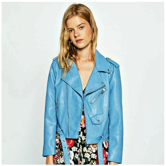 ZARA NEW WOMAN BIKER FAUX LEATHER JACKET SKY BLUE - Picture 2 of 3